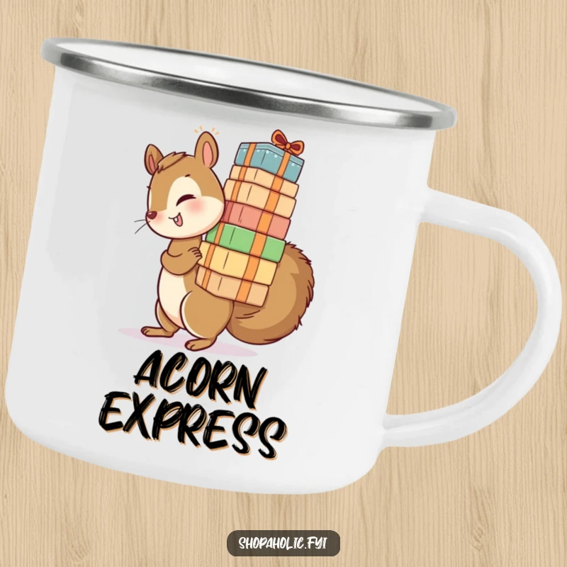 Funny camping mug with a playful squirrel balancing a tall stack of packages. Durable and full of charm.