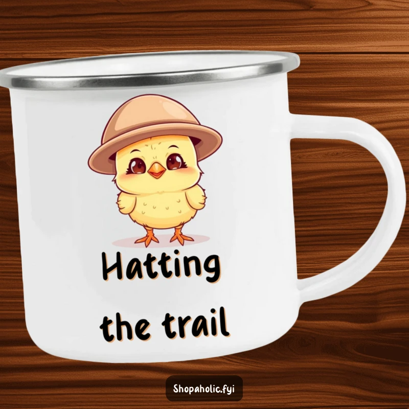 Funny curious chick with a wide grin, wearing a comically oversized hat, an enamel camping mug for stylish outdoor adventurers.