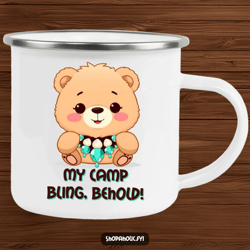 Funny Bear Fashion Camping Mug - Rugged mug with a humorous fluffy bear trying on a dazzling necklace, perfect for glamorous campers.
