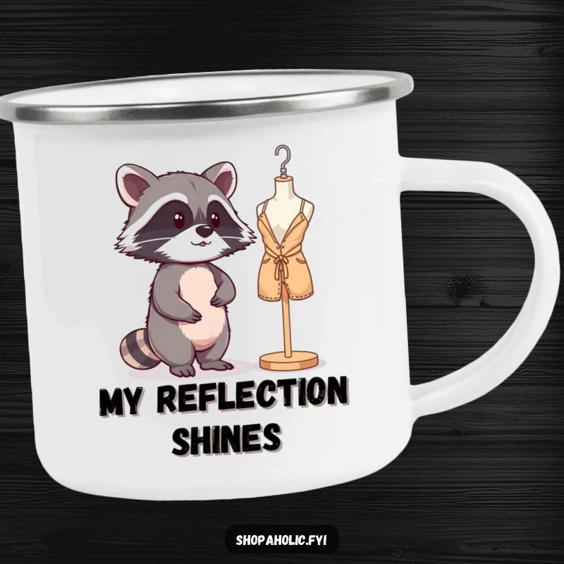 Funny Raccoon Mannequin Camping Mug: A mischievous raccoon admiring its reflection outdoors, perfect for campers and sassy lovers. Durable and amusing.
