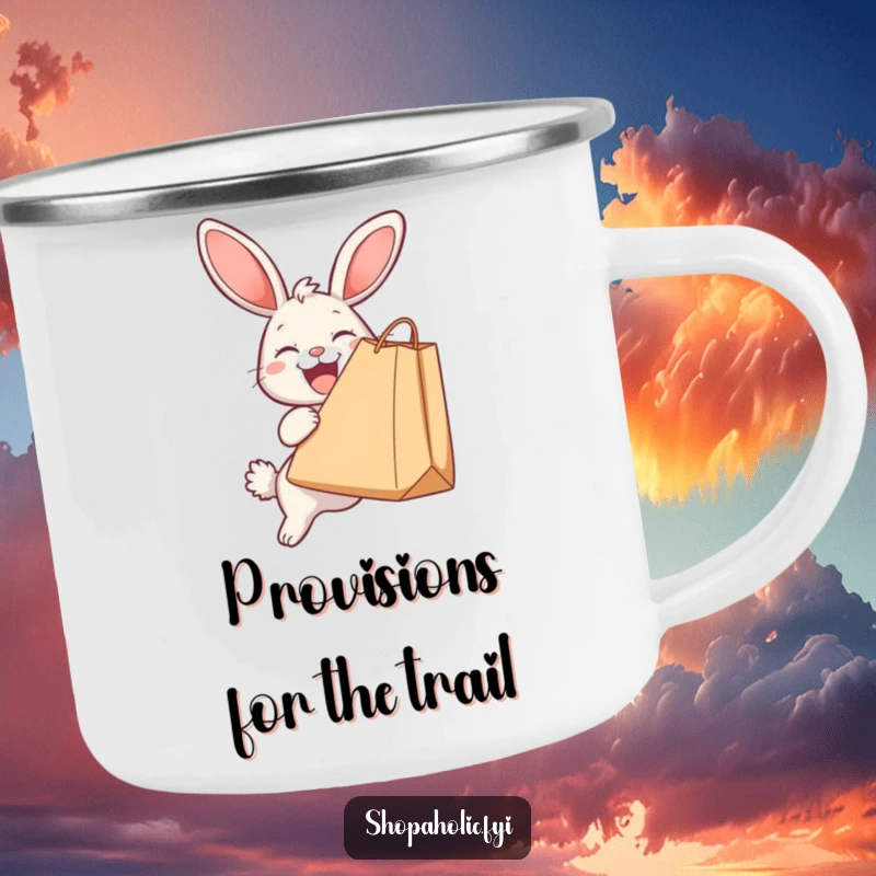 Funny, durable camping mug with a joyful bunny holding an oversized shopping bag, perfect for outdoor trips and humor.