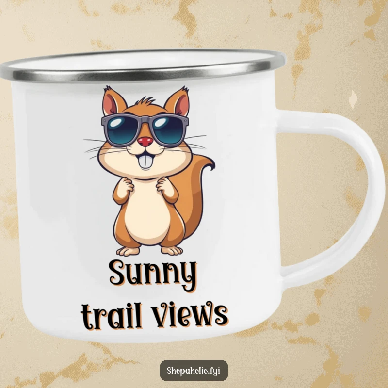 Funny Squirrel Sunglasses Camping Mug: An energetic squirrel with sunglasses outdoors, perfect for campers and style lovers. Durable and amusing.