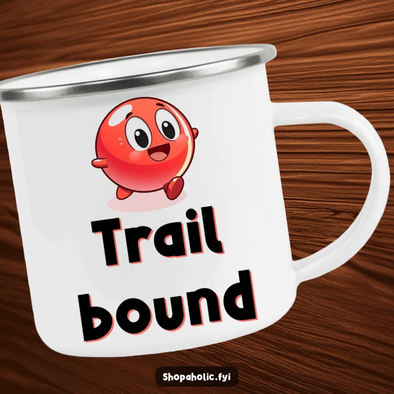 Funny camping mug showing a red ball character rolling with great excitement towards a shiny display, ideal for outdoor enjoyment.