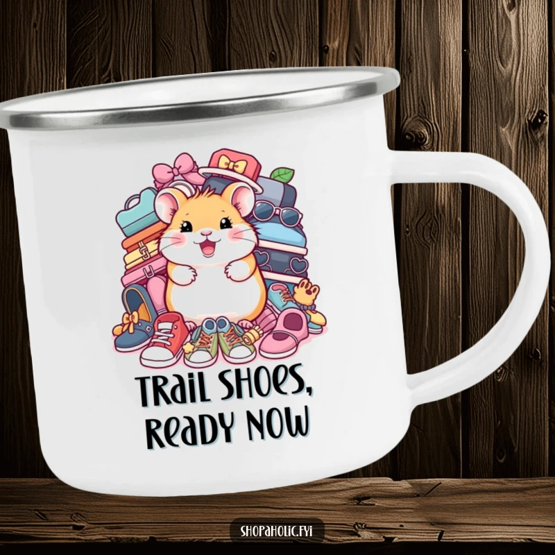 Funny Hamster Shoe Camping Mug: A happy hamster with shoes outdoors, perfect for campers and fashion lovers. Durable and amusing.