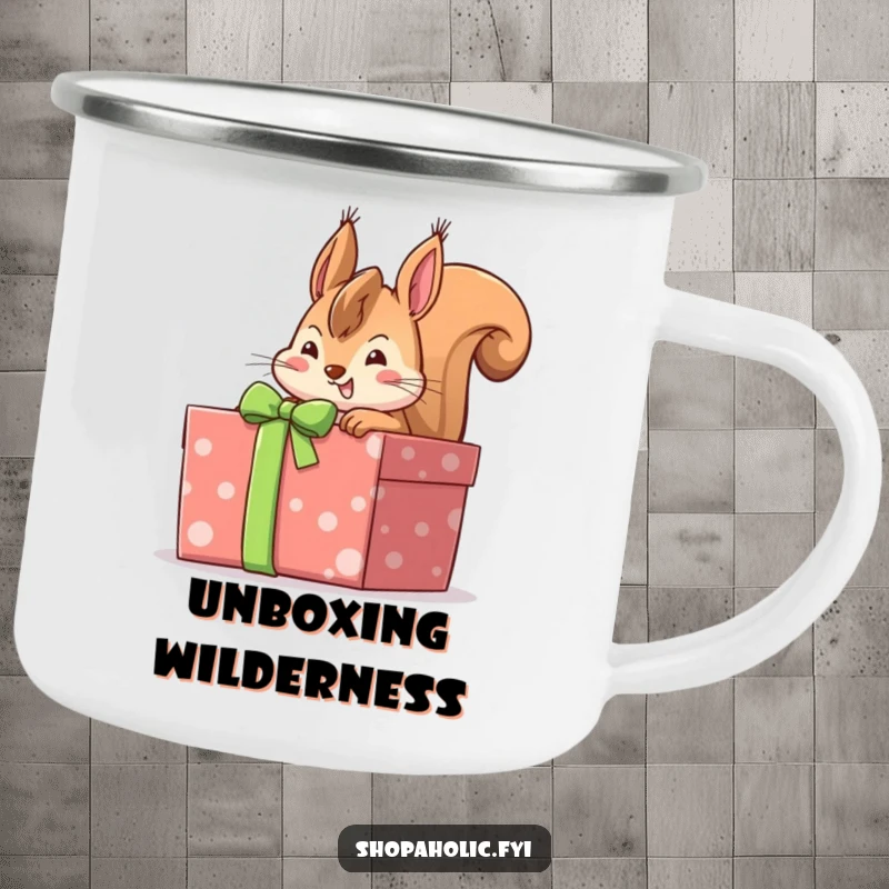 Funny cheerful squirrel peeking into a large gift-wrapped box with anticipation, an enamel camping mug for outdoor explorers.