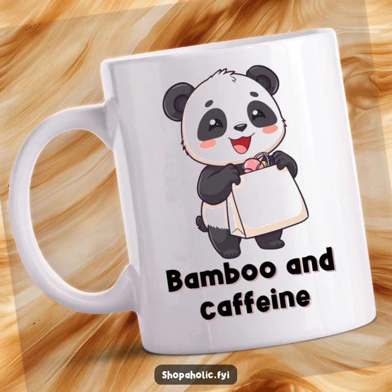 Funny mug with a delighted panda bear joyfully holding an overflowing shopping bag, depicting a humorous shopping spree.