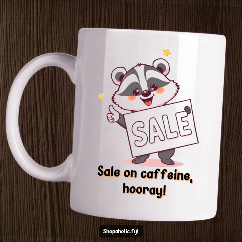 Funny Badger Sale Hunter Mug - A jovial badger enthusiastically points at a giant sale banner, embodying the joy of finding discounts.