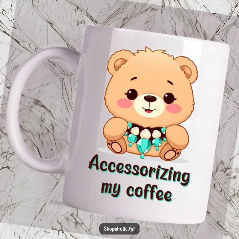 Funny Bear Fashion Mug - A fluffy bear joyfully tries on a large, dazzling necklace, embodying playful glamour and style.