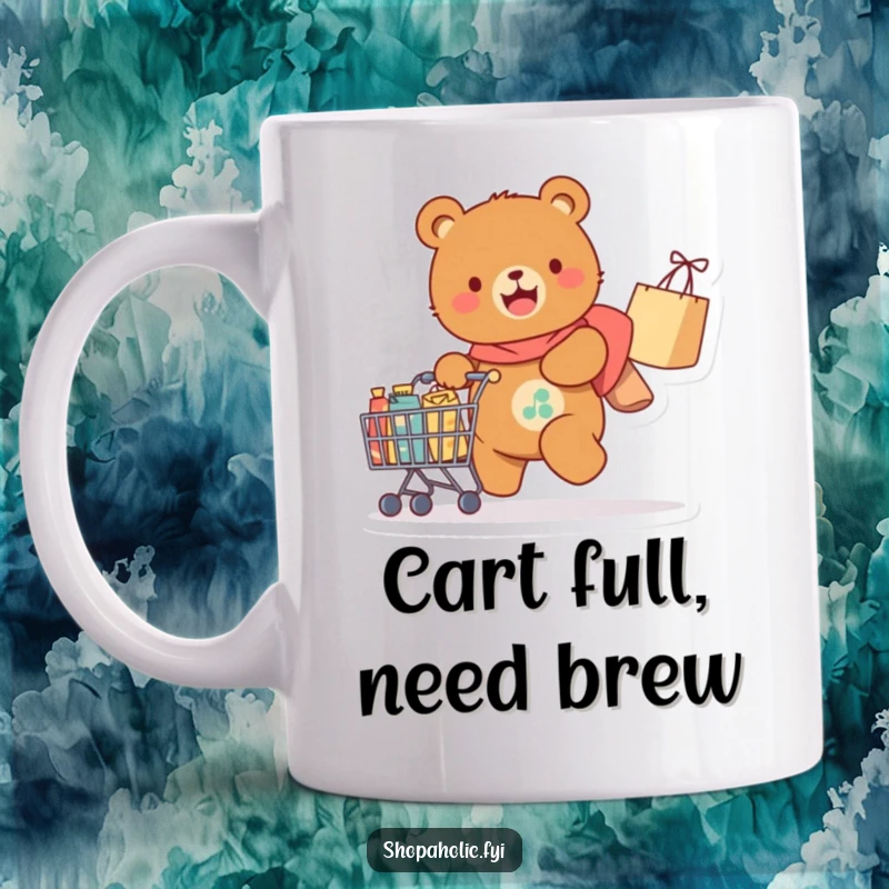 Funny Mug: A cheerful bear gleefully pulls a cart overflowing with shopping bags and goodies, embodying joyful consumerism.