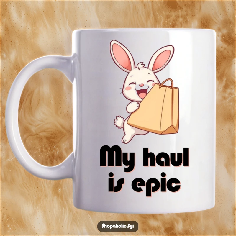 Funny mug showing a happy bunny clutching a massive shopping bag with a huge smile, celebrating retail therapy and joy.