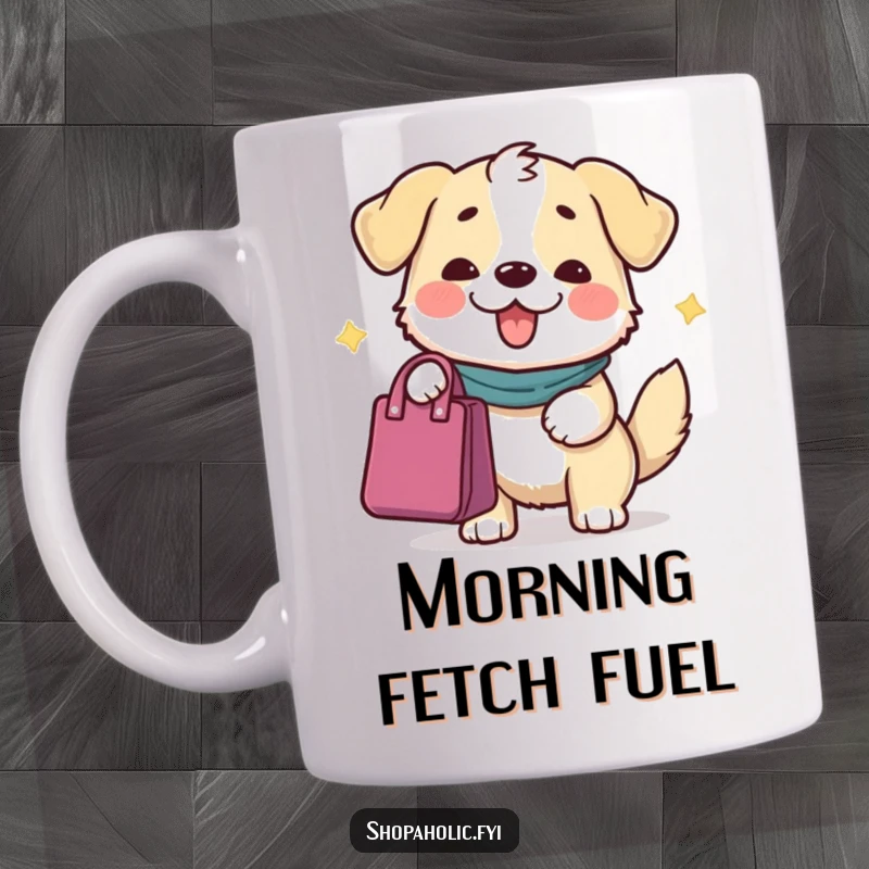 Funny Dog Mug: A content dog character offering a bag with a grand gesture, symbolizing thoughtful giving.