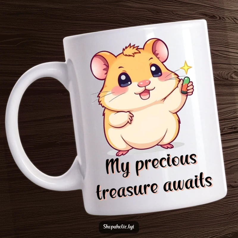 Funny mug showcasing a cute hamster with big, sparkling eyes reaching greedily for a shiny object, embodying playful desire.