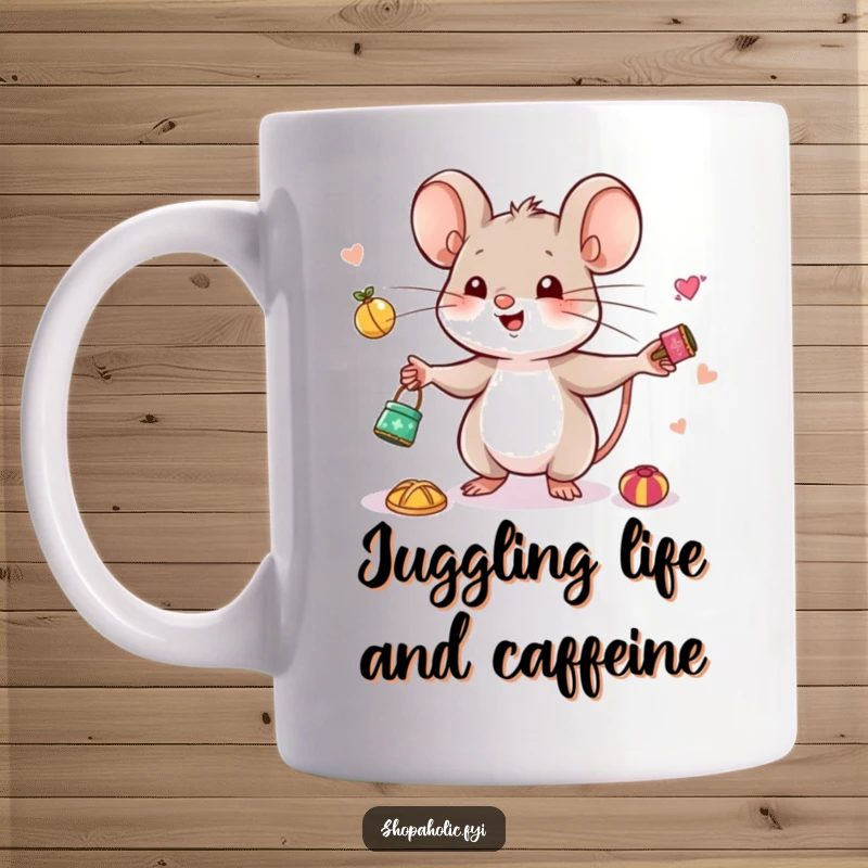 Funny Mouse Juggling Mug - A cute mouse happily juggles small, desirable trinkets, representing delight in collecting and abundance.