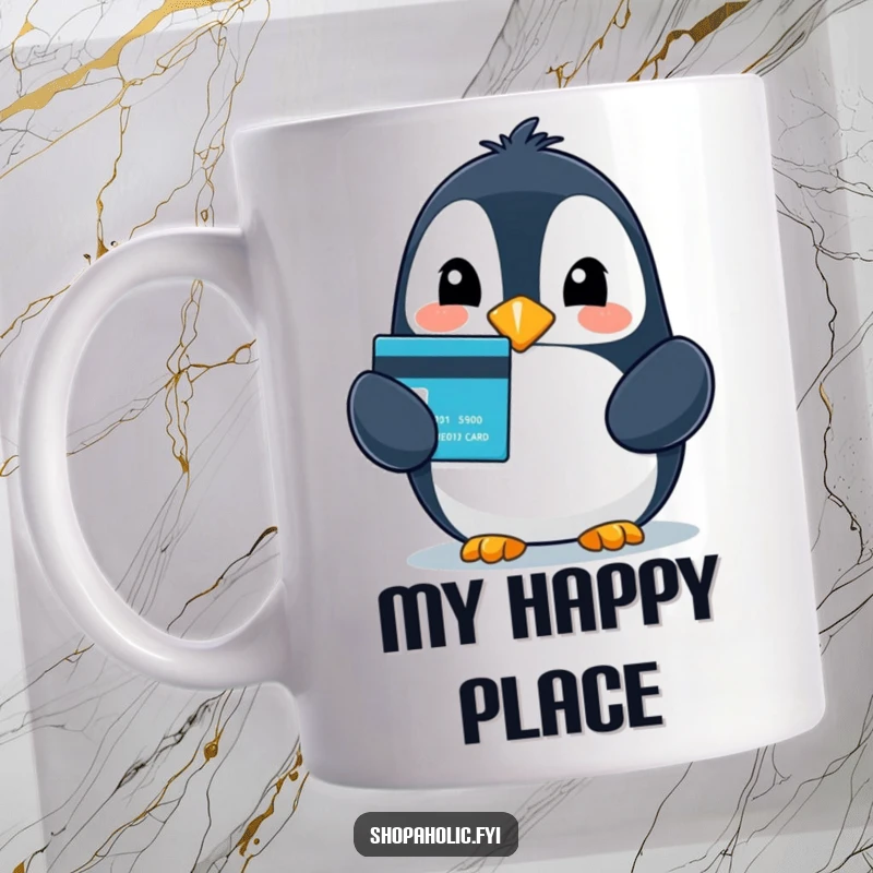 Funny mug featuring a beaming penguin joyfully holding a credit card, celebrating retail therapy with a delighted expression.