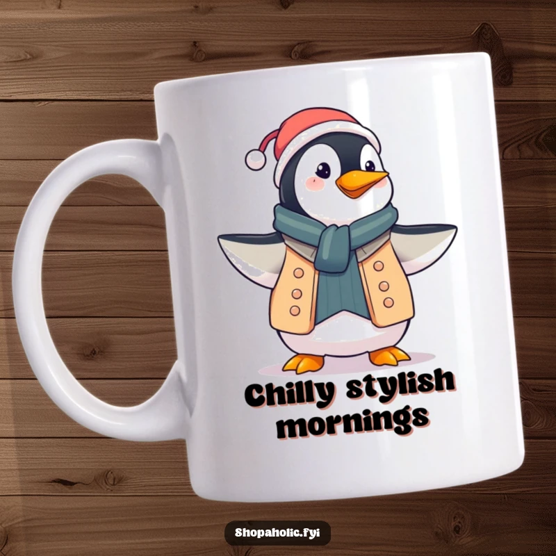 Funny penguin mug, proudly displaying a stylish new outfit with a flourish, conveying confidence and fashion sense, a gift.