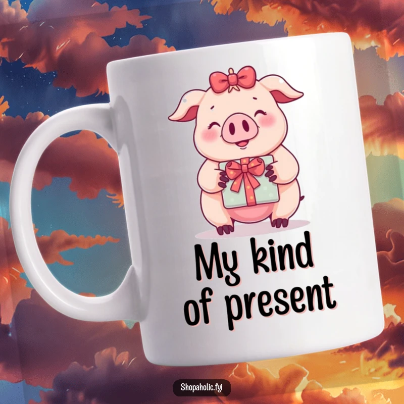 Funny mug showing a happy pig with a big smile holding a wrapped present, ready for celebration.