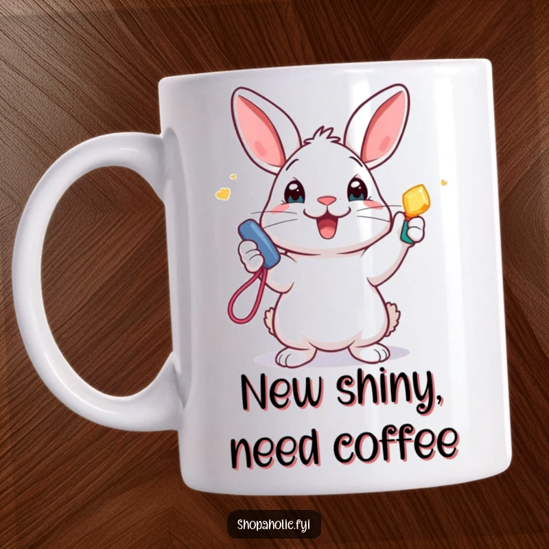 Funny Mug: A happy rabbit proudly displays its shiny new accessory, beaming with excitement and a touch of playful mischief.