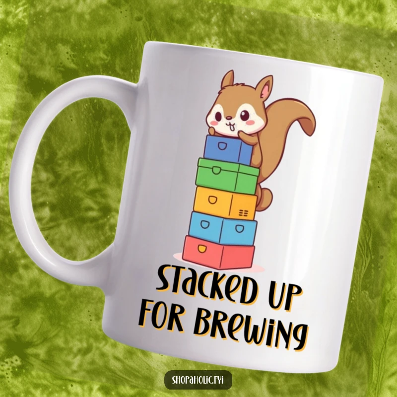 Funny Squirrel Box Tower Mug - A determined squirrel precariously balances a tall tower of colorful boxes, showcasing ambition and humor.
