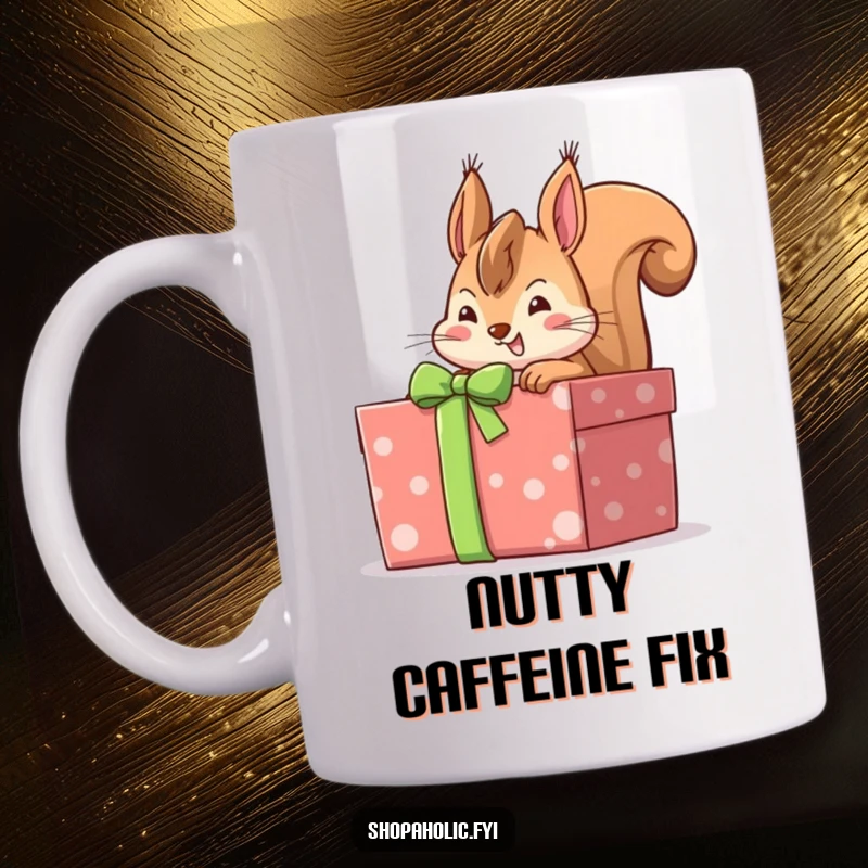 Funny cheerful squirrel peeking into a large gift-wrapped box with wide-eyed anticipation, a humorous mug for gift lovers.