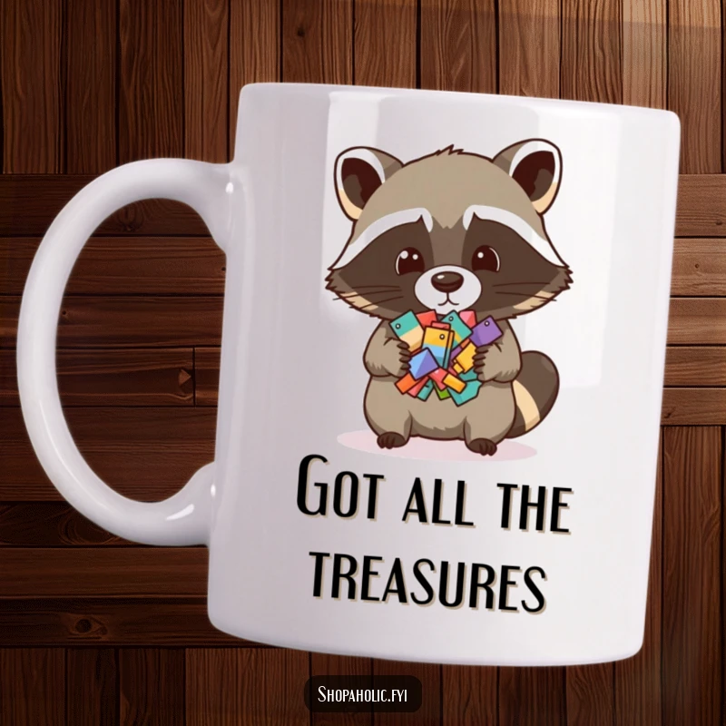 Funny mug depicting a mischievous raccoon proudly displaying a pile of tiny, miscellaneous items, showcasing hoarding humor.