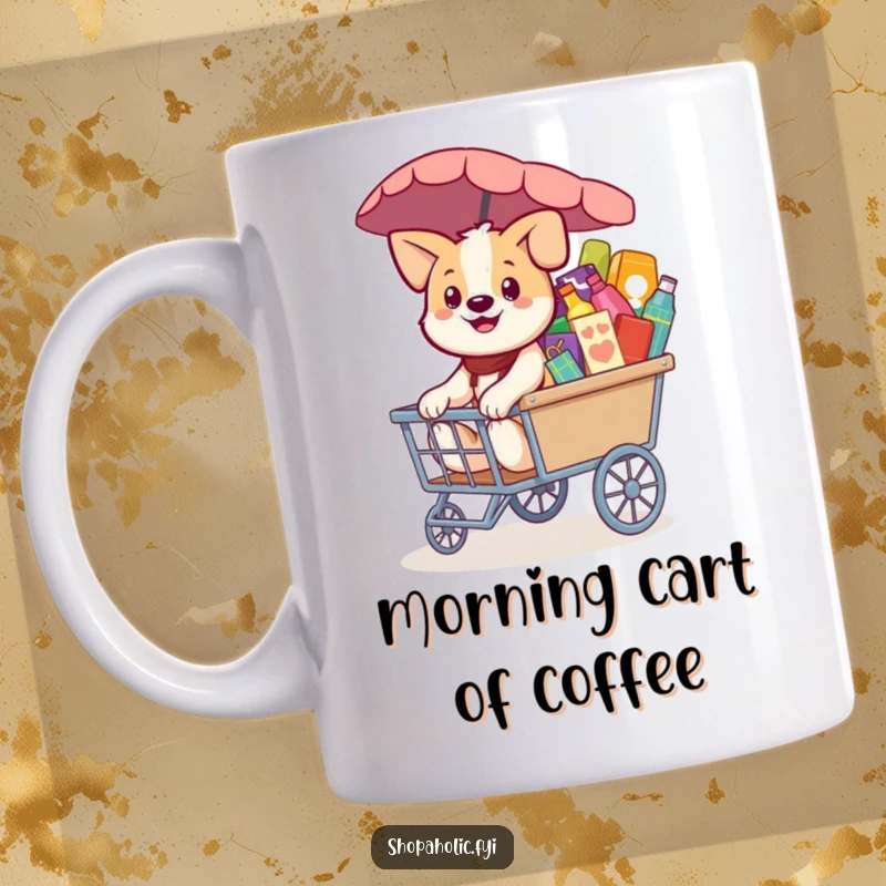 Funny Dog Mug: A smiling dog pulling a cart overflowing with colorful merchandise, a humorous and delightful gift for shoppers.