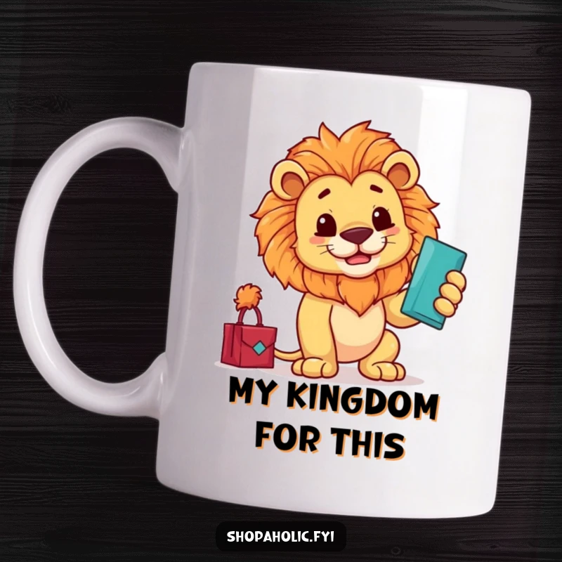Funny mug with a proud lion striking a sophisticated pose, admiring a newly acquired item with a regal flourish, exuding confidence.