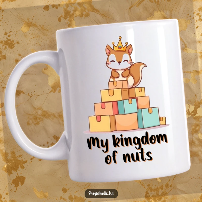 Funny Squirrel King Mug showing a mischievous squirrel wearing a tiny crown on a huge pile of boxes, embodying playful dominance.