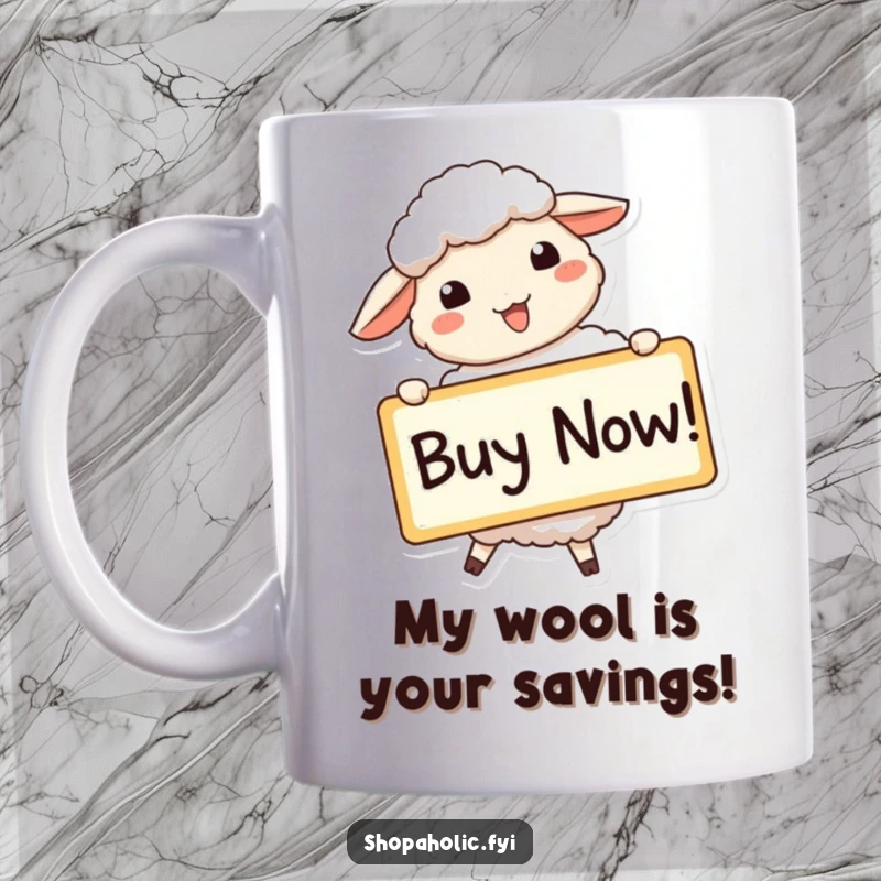 Funny sheep mug with a beaming face holding a large 'Buy Now!' sign, perfect for enthusiastic shoppers.