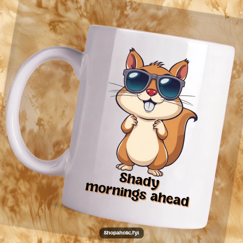 Funny Squirrel Sunglasses Mug: An energetic squirrel tries on various pairs of sunglasses, looking for the perfect fit. Cool and amusing.