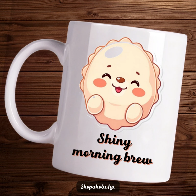 Funny seal mug, winking and smiling while presenting a shiny new purchase, conveying satisfaction and joy, a gift.