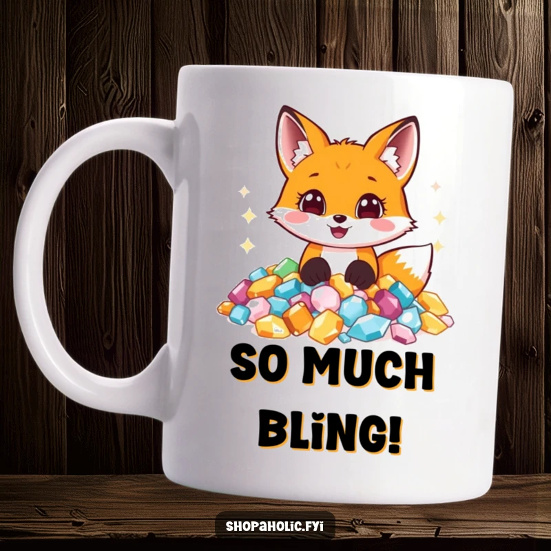 Funny mug featuring a wide-eyed, ecstatic fox diving into a mountain of glittering jewels, embodying pure joy and greed.