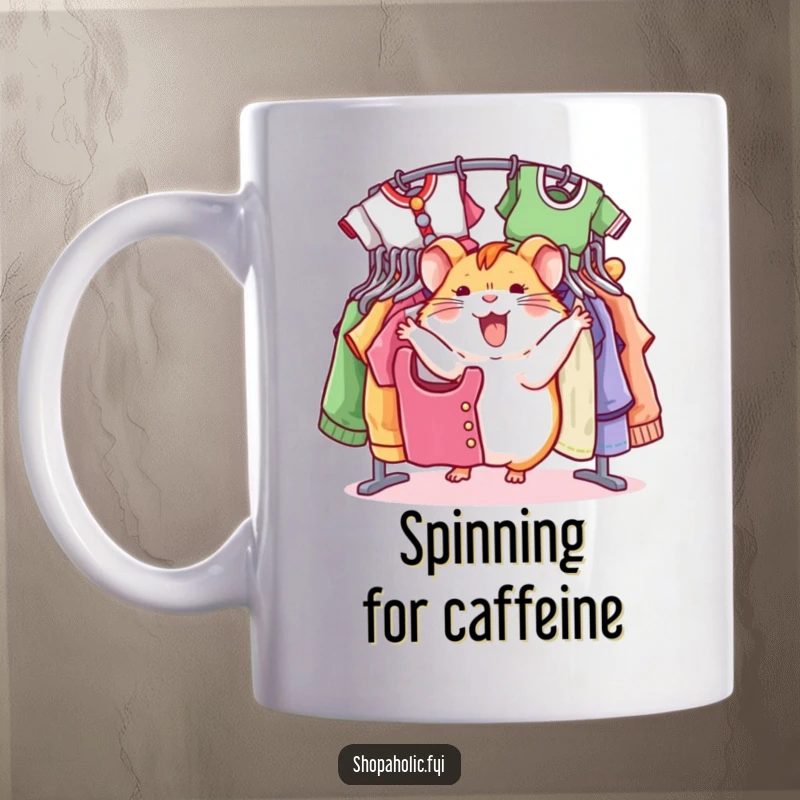 Funny hamster mug, jovially spinning around a rack of colorful clothes, expressing delight and fashion enthusiasm, a gift.