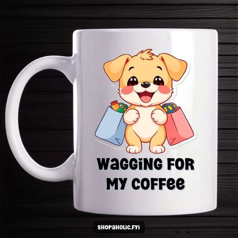 Funny puppy mug with a delighted puppy holding shopping bags overflowing with colorful items, looking happy.