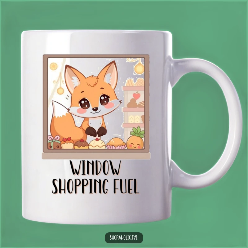 Funny Fox Mug: Wide-eyed fox captivated by window treats, a hilarious gift for snack lovers.