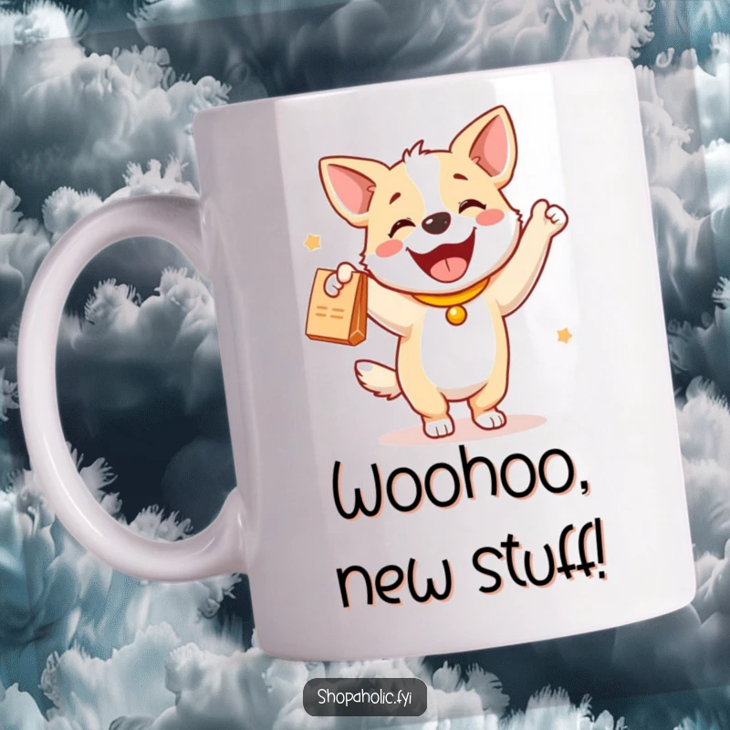 Funny dog mug showing a happy dog doing a little dance with a new purchase, radiating pure joy and excitement.