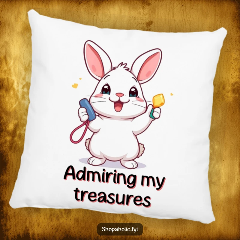 Funny Pillow: A joyful rabbit clutches a sparkling new accessory, offering plush comfort and a dose of lighthearted humor.