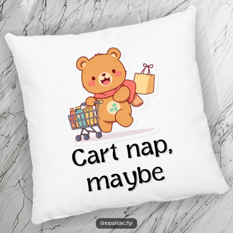 Funny Pillow: A joyful bear pulls a cart laden with goodies, offering plush comfort and a dose of humorous shopping satisfaction.