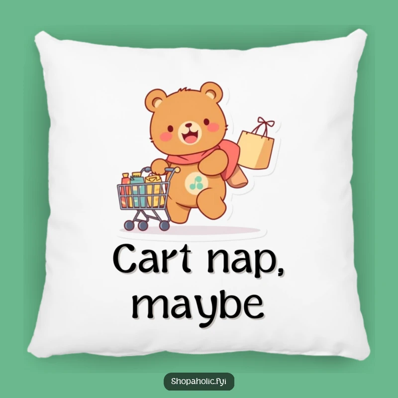 Funny Bear Pillow: Soft cushion with happy bear and shopping cart, a cozy gift.