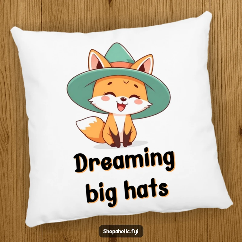 Funny pillow featuring a happy fox playfully wearing a comically large, fashionable hat. Comfortable and full of charm.