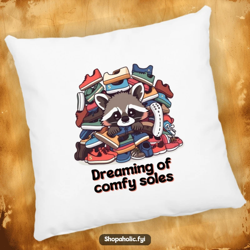 Funny Raccoon Pillow: Sleep on this funny pillow featuring a curious raccoon peeking from behind a mountain of shoes.