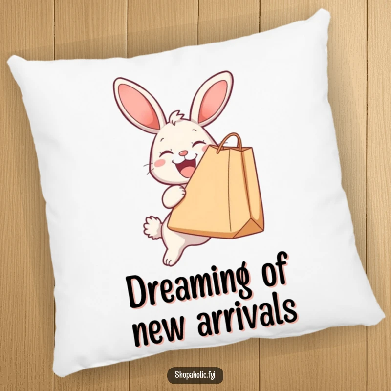 Funny decorative pillow with a gleeful bunny clutching an oversized shopping bag, offering comfort and a humorous touch to any space.
