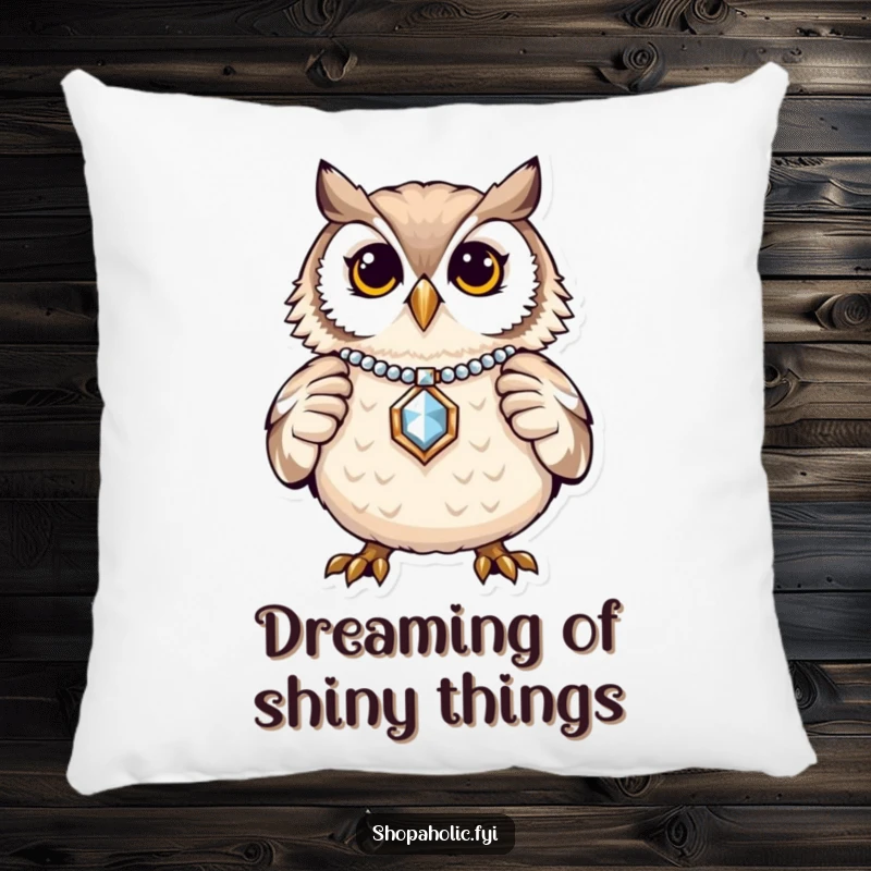 Funny Owl Jewelry Pillow: A proud owl displaying jewelry, adding comfort and elegance to any cozy nook. Soft and chic.