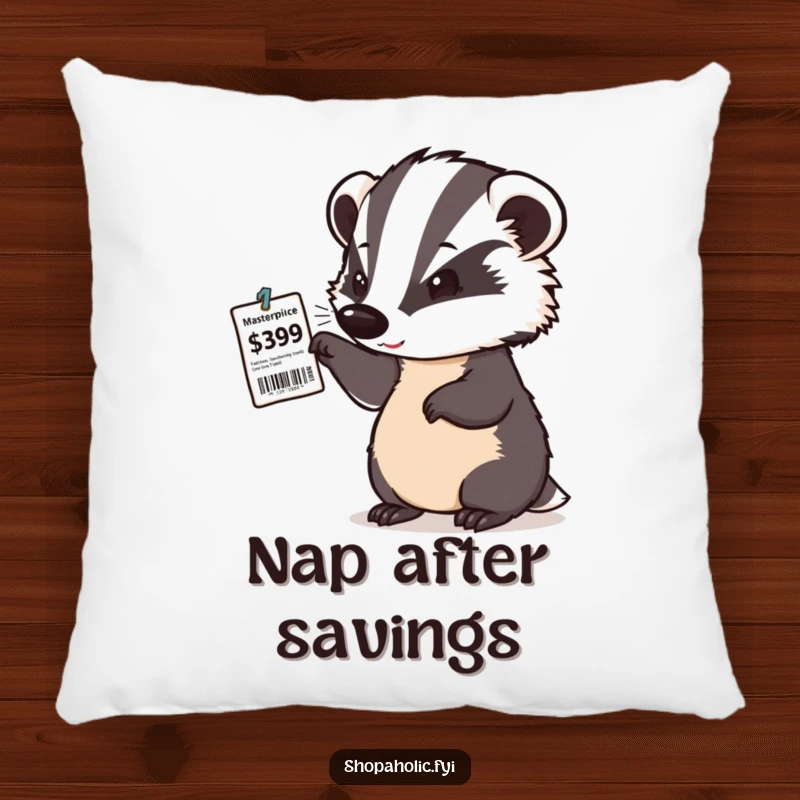 Funny pillow featuring a determined badger with a satisfied nod, pleased with a price tag, symbolizing smart shopping.