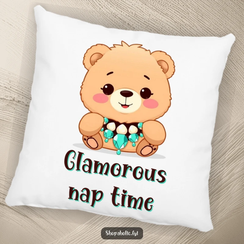 Funny Bear Fashion Pillow - Soft pillow featuring a humorous fluffy bear smiling widely while trying on a dazzling, oversized necklace.