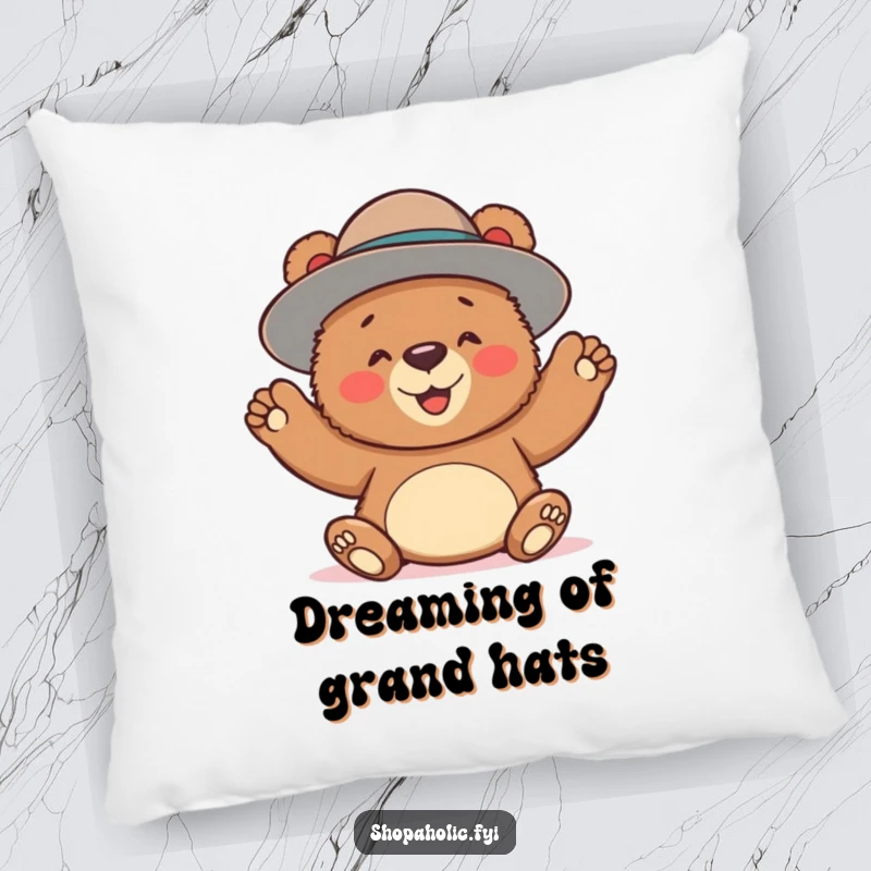 Funny decorative pillow with a bear joyfully wearing an oversized hat, offering comfort and a humorous touch of flair.