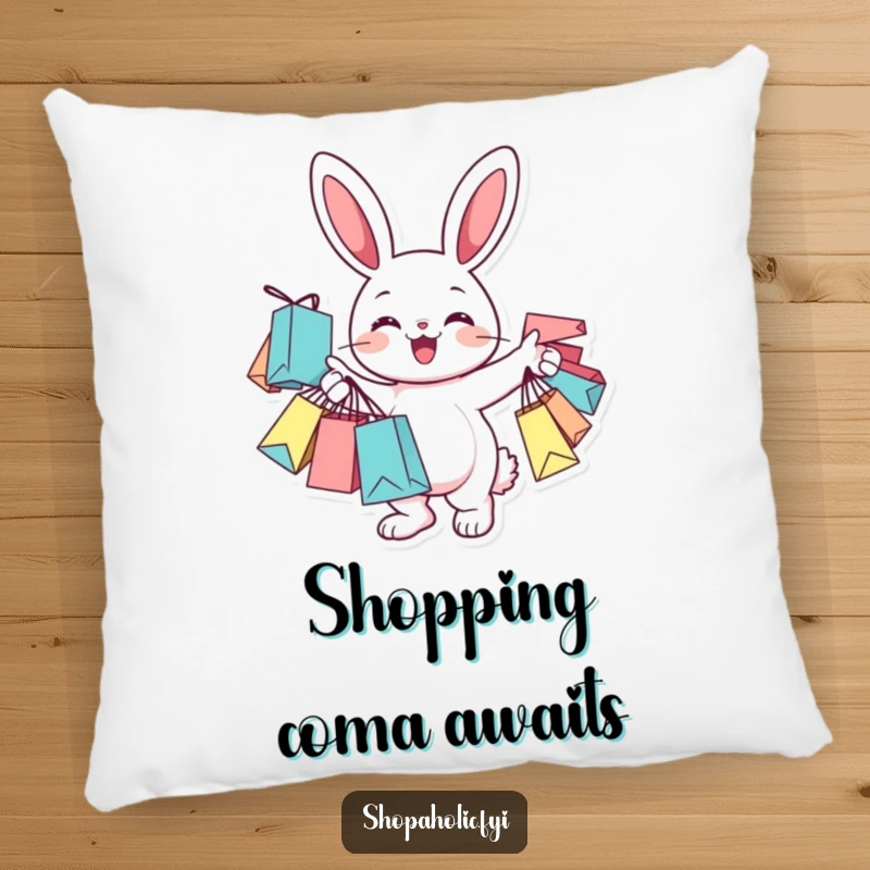 Funny Pillow showcasing a cheerful bunny character holding many shopping bags, a cozy retail-themed accent.