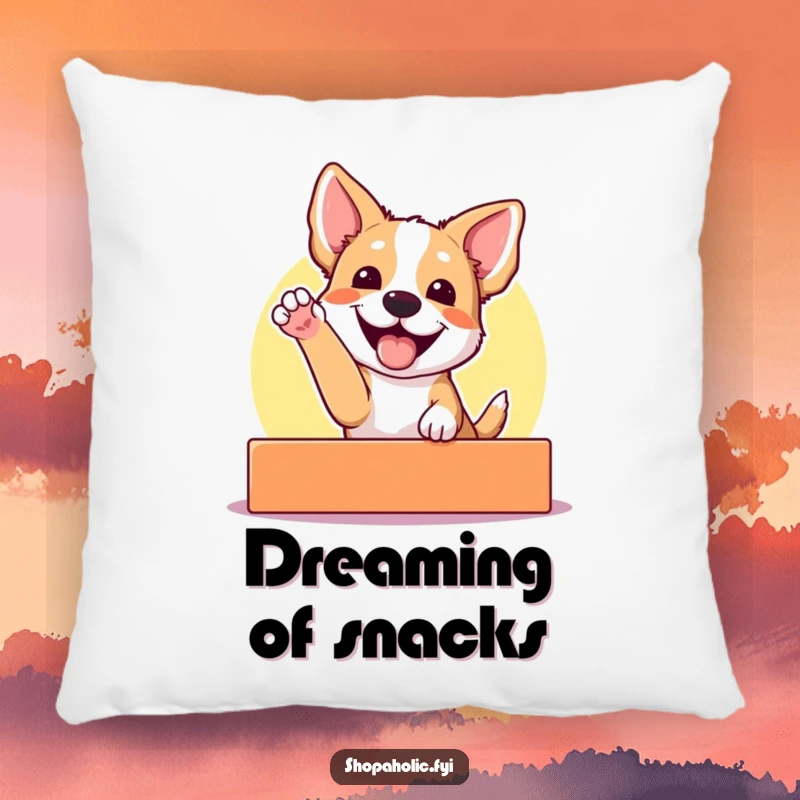 Funny decorative pillow with an excited dog gleefully reaching for a colorful display, adding humor and canine charm to any room.
