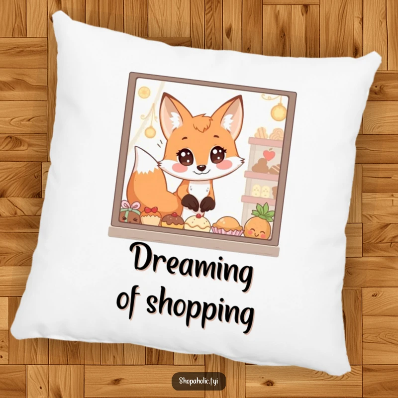 Funny Pillow: A fox with captivatingly wide eyes gazes at a display of delicious treats, offering plush comfort and humorous longing.