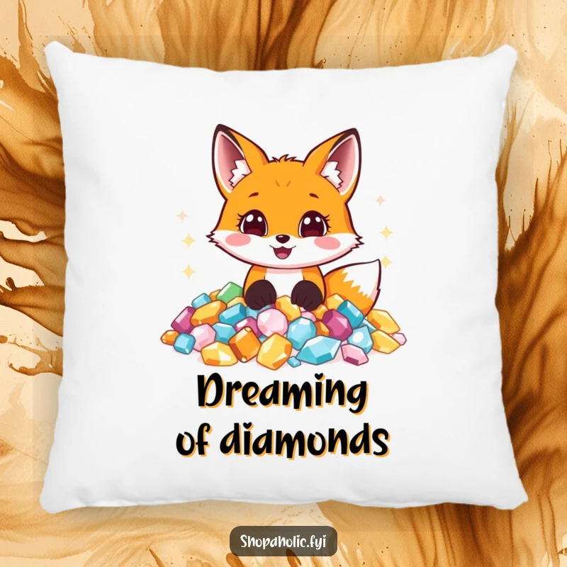 Funny pillow showing an ecstatic fox swimming in a massive pile of glittering jewels, with eyes wide in sheer amazement.