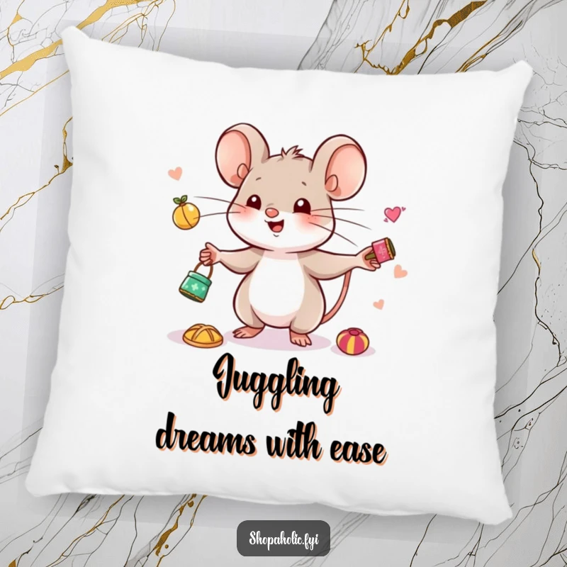 Funny Mouse Juggling Pillow - Soft pillow featuring a cute, happy mouse juggling tiny, desirable trinkets, ideal for collectors.